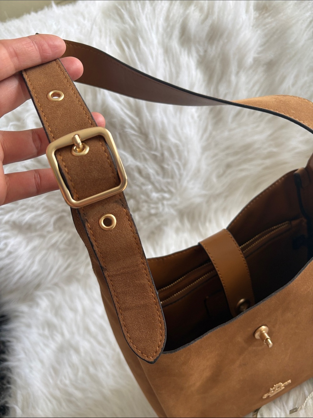 Coach Tan Suede Shoulder Bag with Turn-Lock Strap - Picture 16 of 16